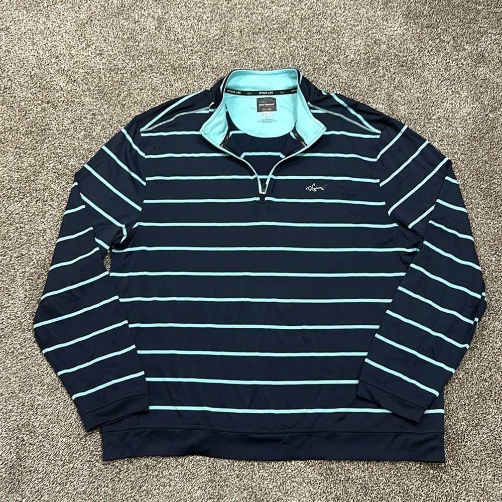 Greg Norman Tasso Elba navy and teal pullover 1/4 zip warm up golf shirt large